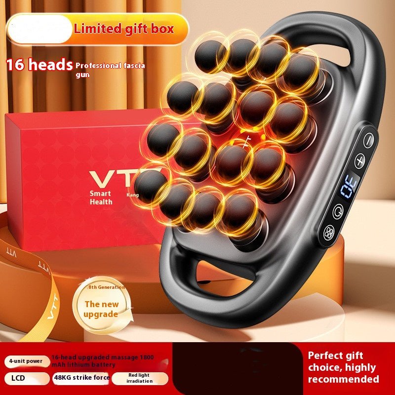16-head massage gun with LCD display, black ergonomic design, shown with red gift box.