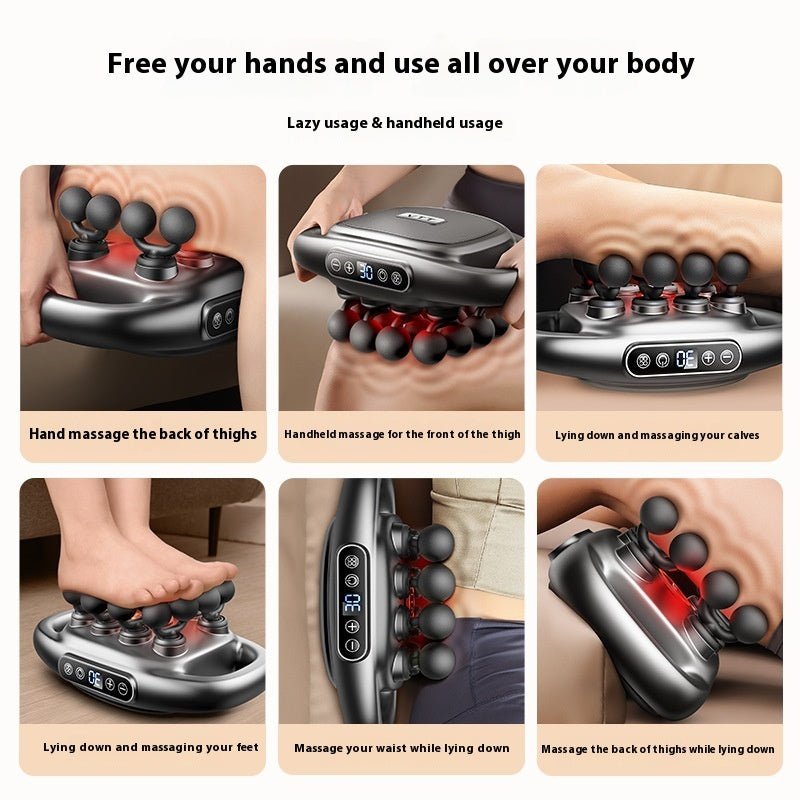 Six uses of a massage gun with multiple heads for full body relief on thighs, calves, feet, and waist.