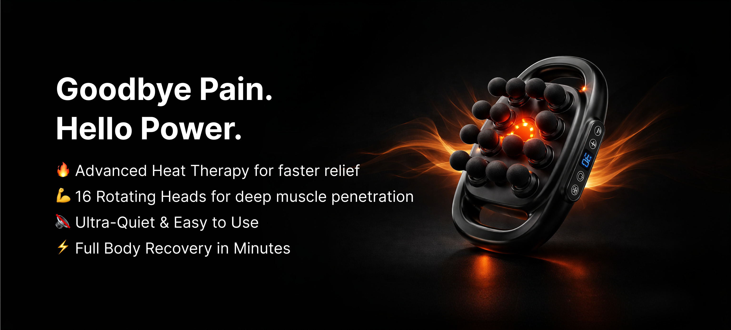 Handheld electric massager with 16 rotating heads, heat therapy, and digital controls on black background.