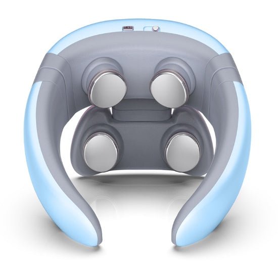 Electric neck massager with four metal contact nodes and blue curved design for pain relief