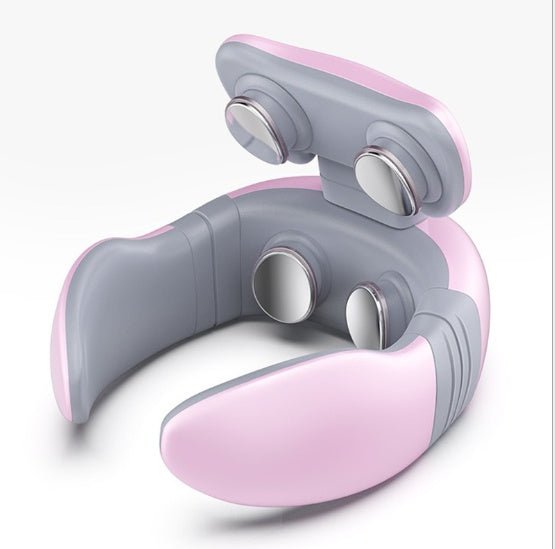 Electric neck massager for cervical pain relief with heat and pulse therapy, pink and gray design