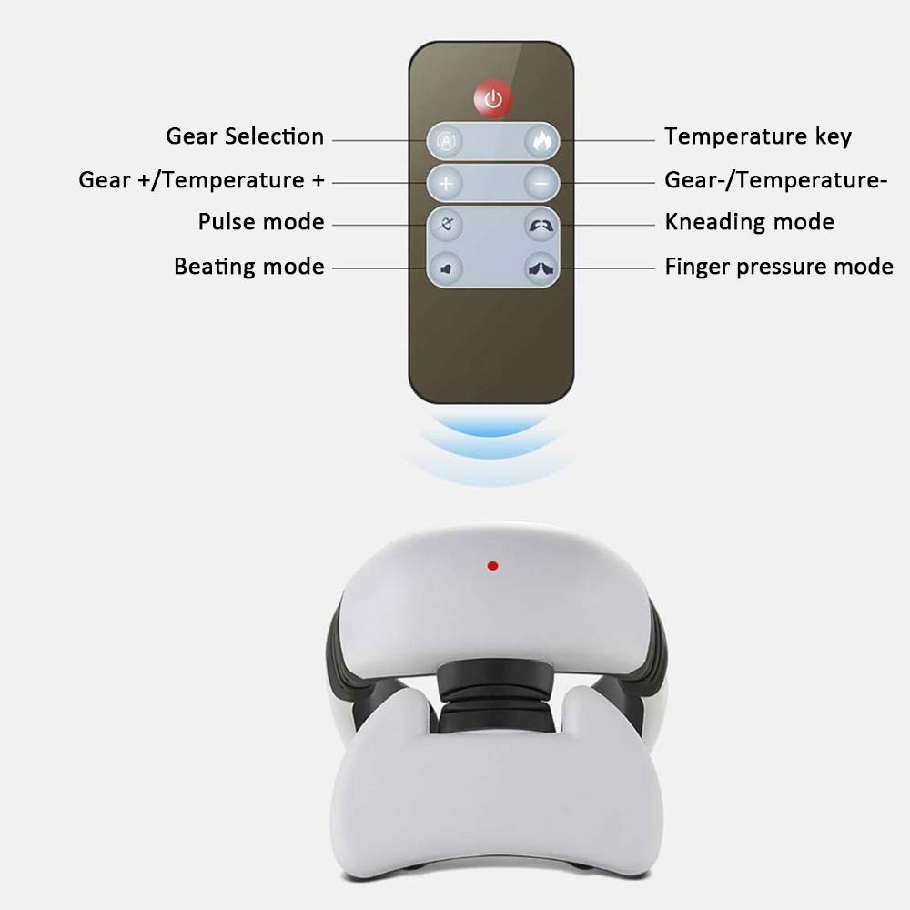 Neck massager with remote control showing heat and pulse therapy settings for cervical pain relief.