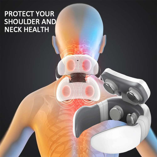Neck massager with heat and pulse therapy shown on illustrated person for cervical pain relief