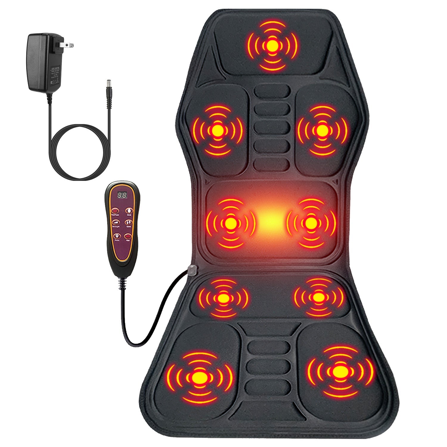 Heated back massager cushion with remote control and glowing massage zones