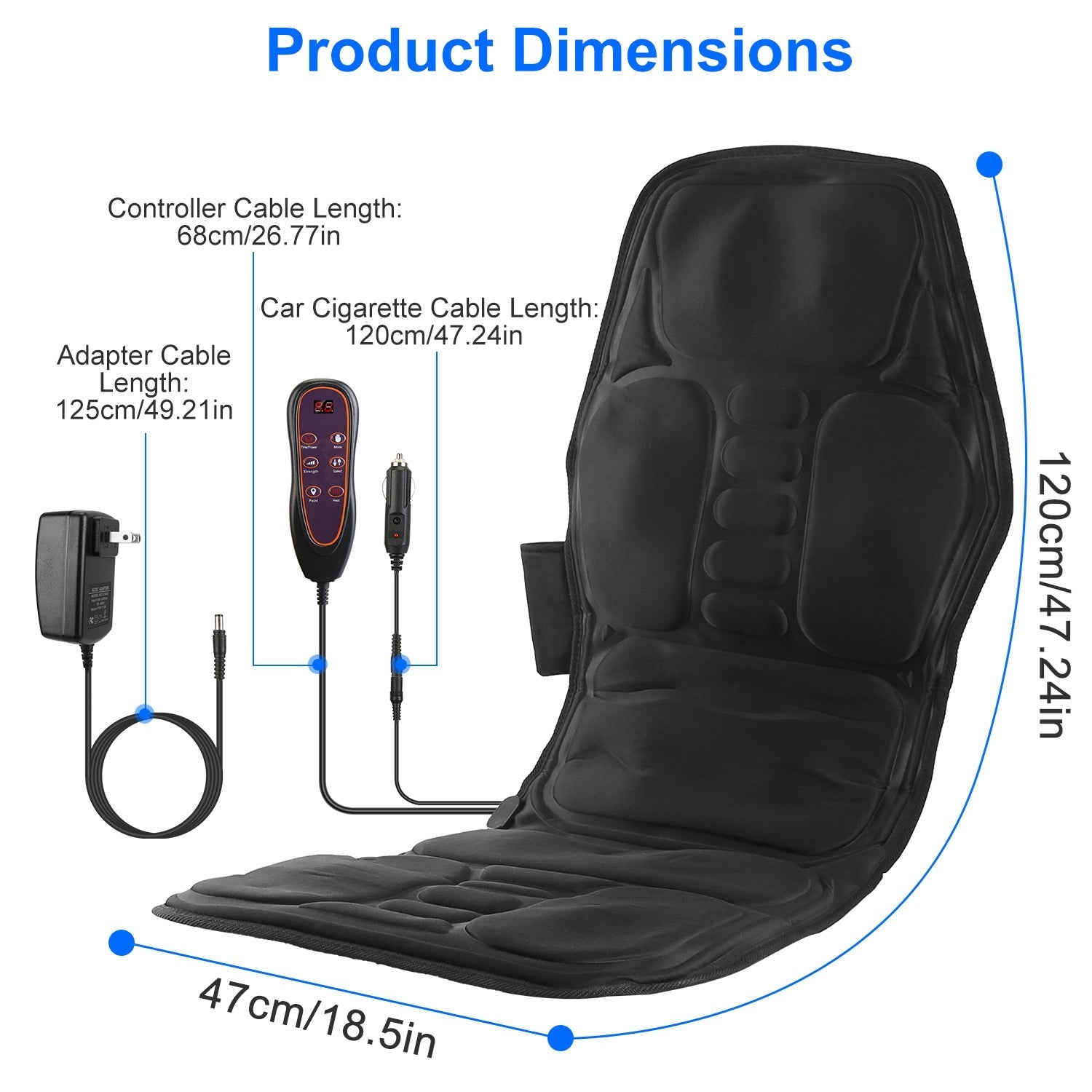 Heated back massager cushion with remote, power adapter, cable lengths, and product dimensions