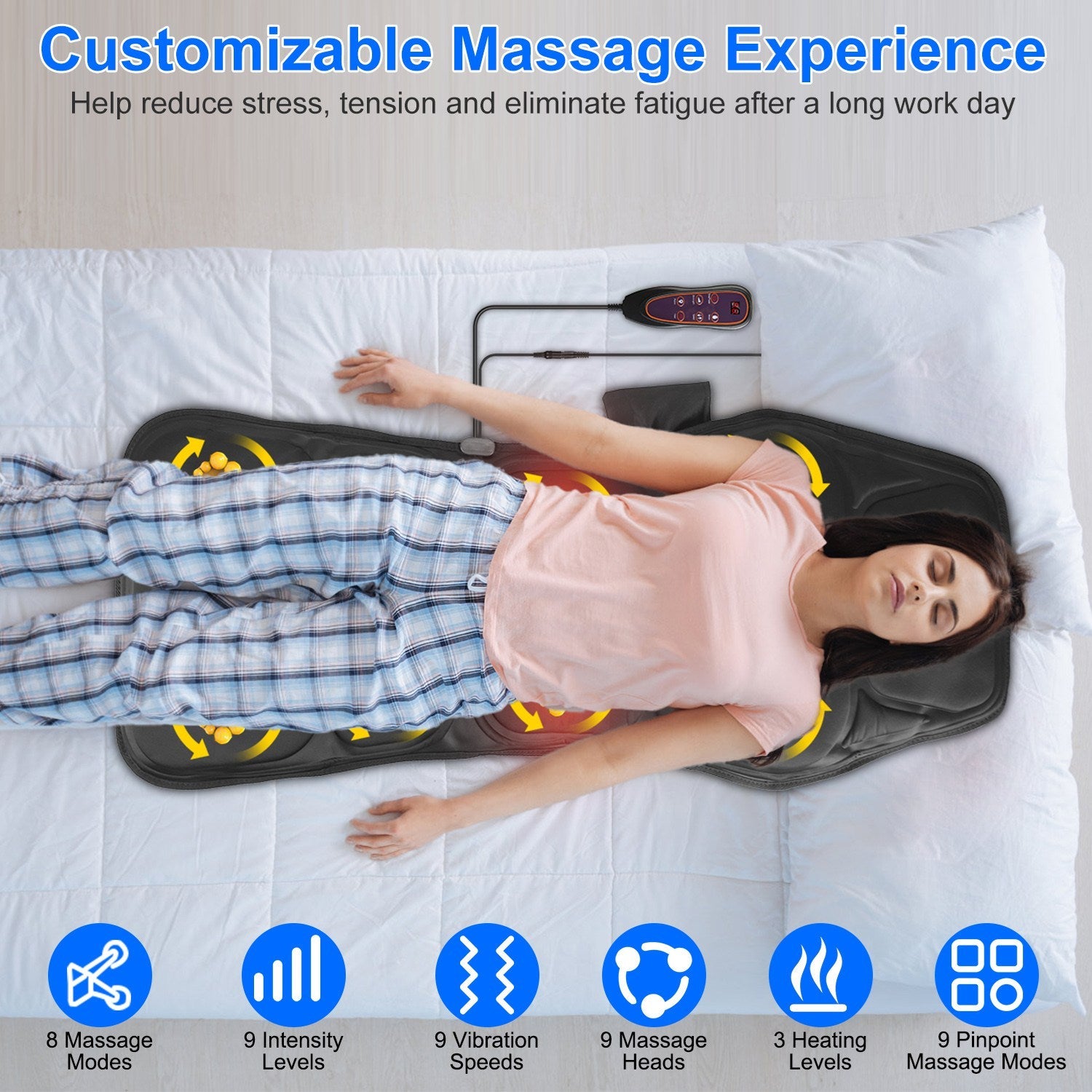Woman using heated full body massage cushion with remote control on bed, pain relief, relaxation