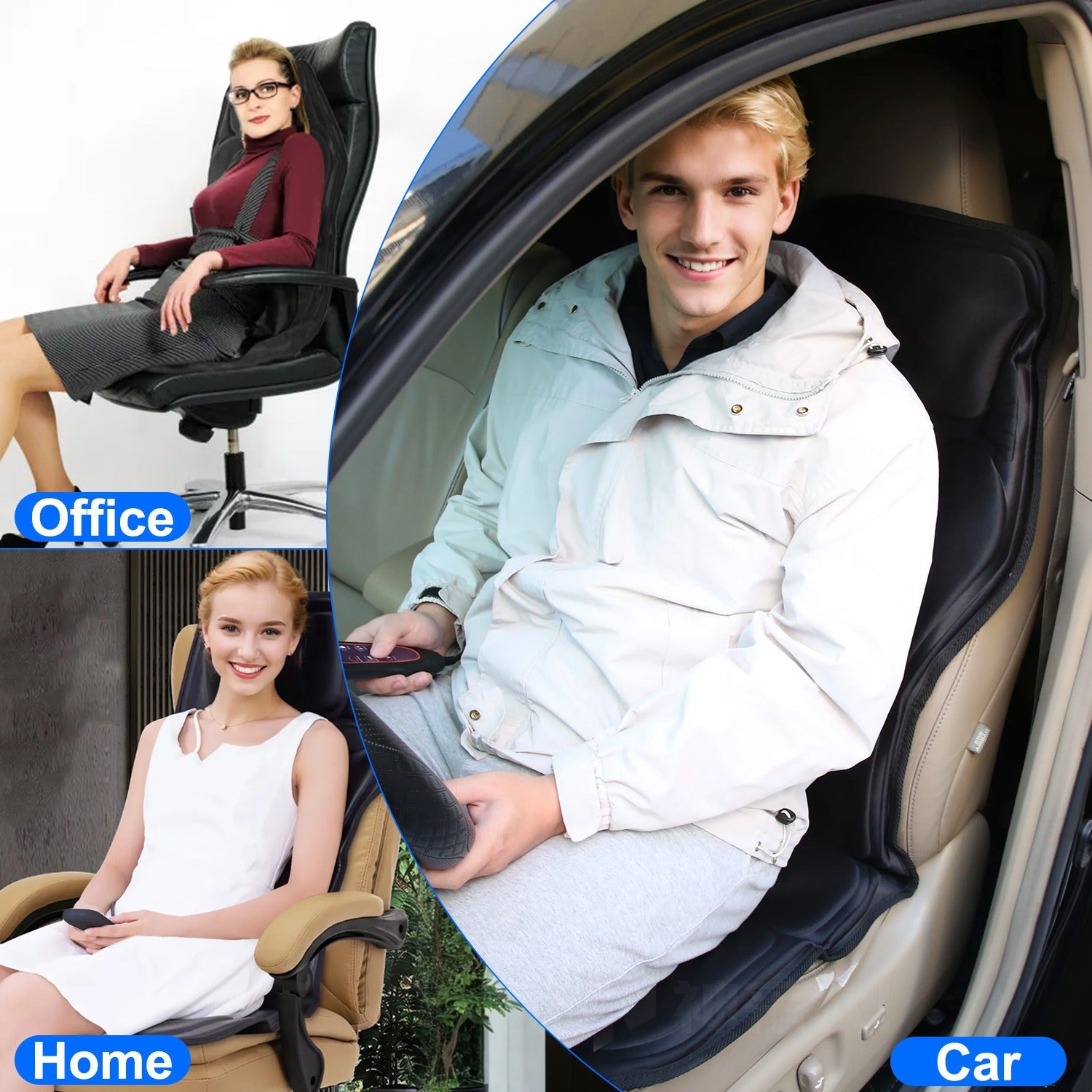 Heated back massager cushion used in office chair, home chair, and car seat for pain relief
