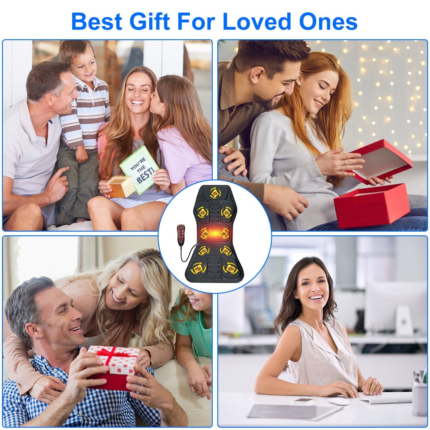Heated back massager cushion with remote, shown as gift for family relaxation and pain relief