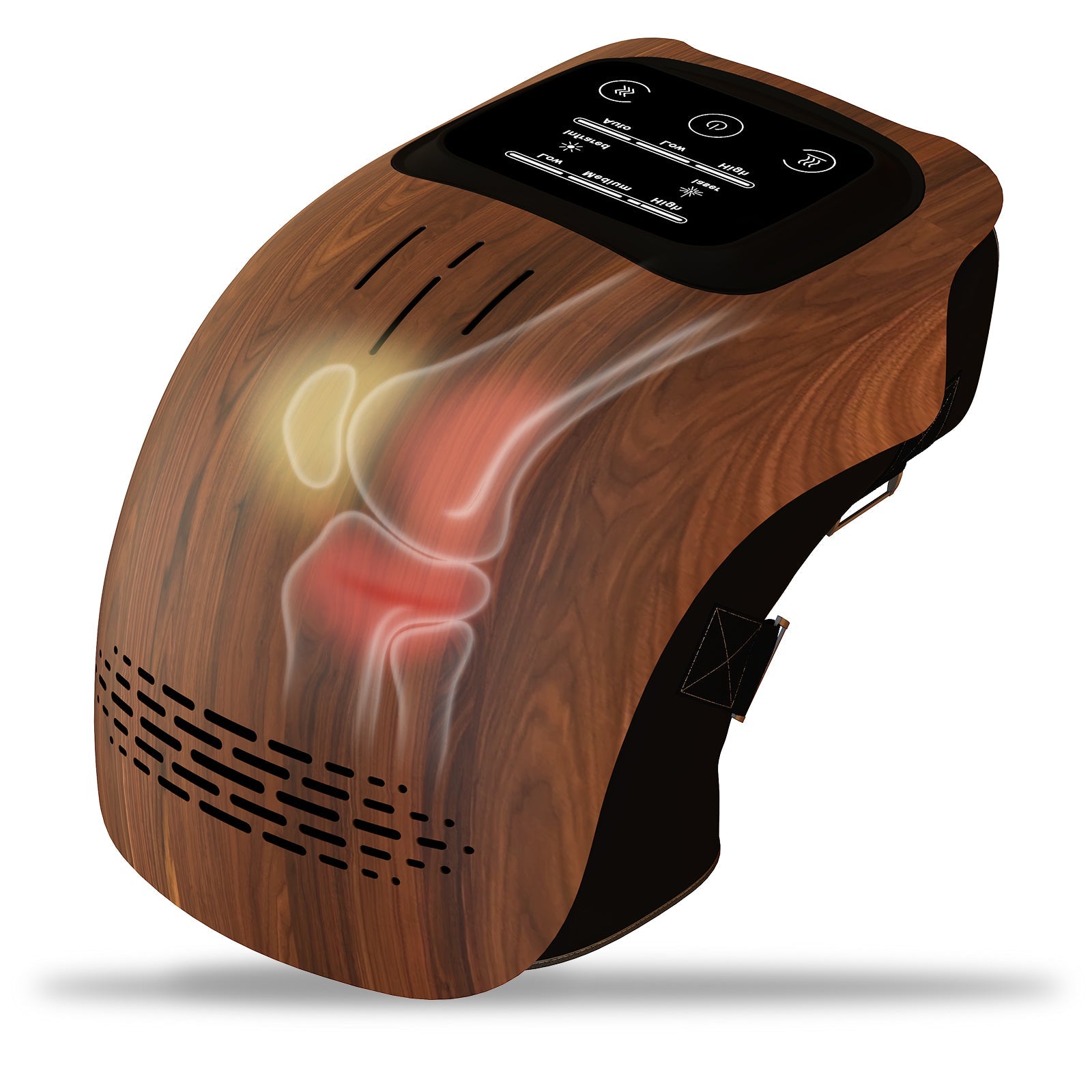 Heated knee massager with touchscreen, wood finish, and red light therapy illustration