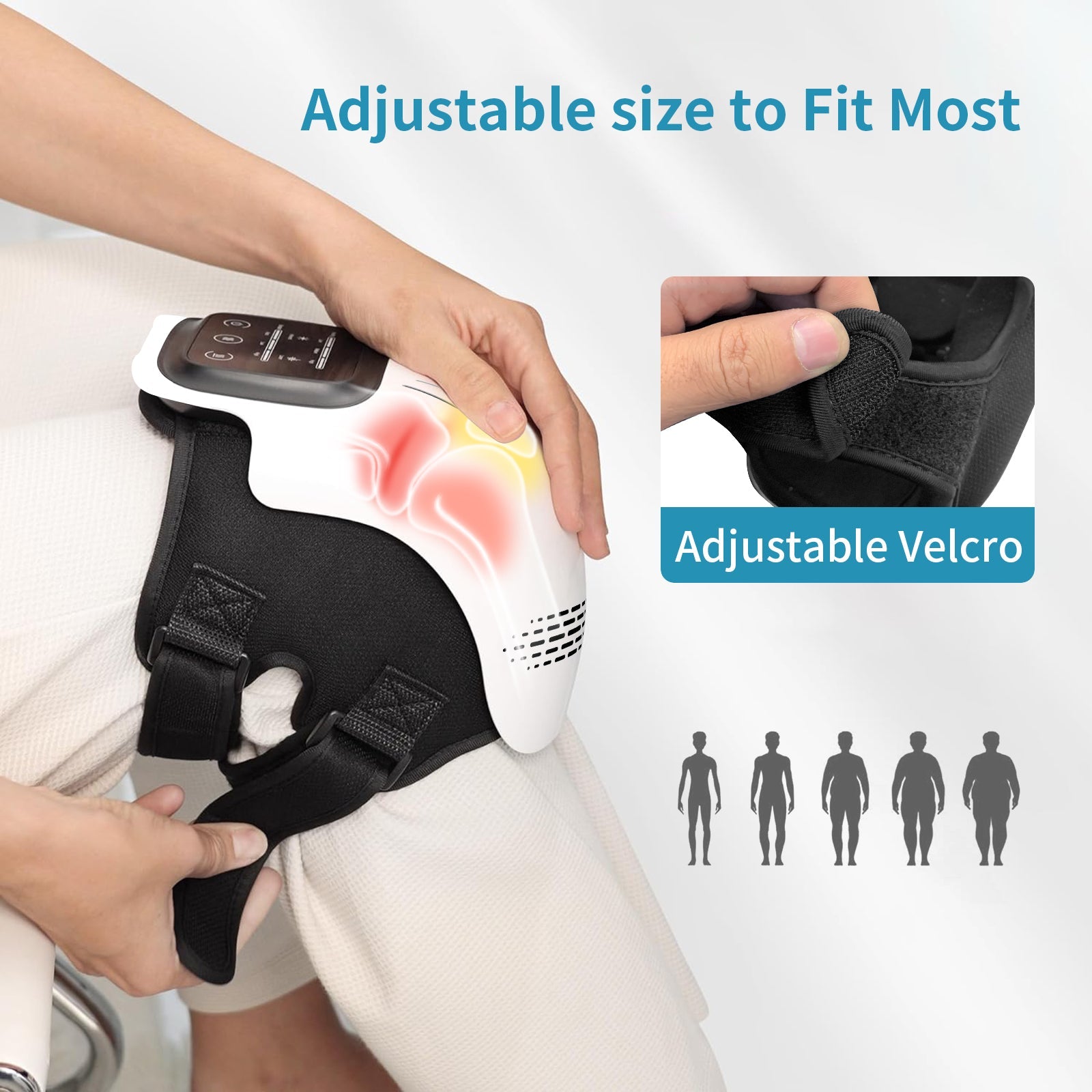 Heated knee massager with adjustable Velcro strap shown on person's knee for pain relief
