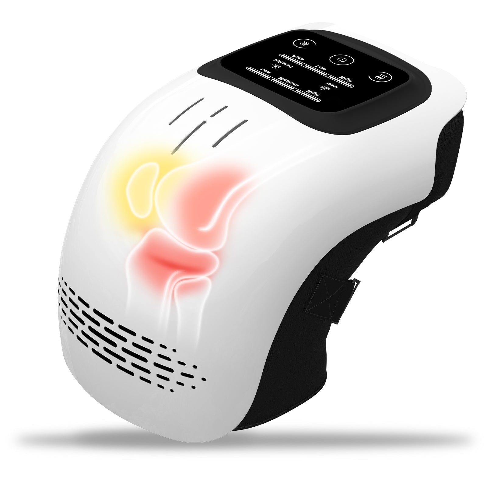 Heated knee massager with digital controls and red light therapy function.